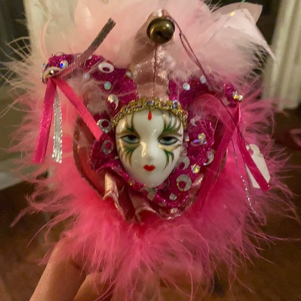 Mardi Gras mask pink feather headband with gold glitter think band headpiece​